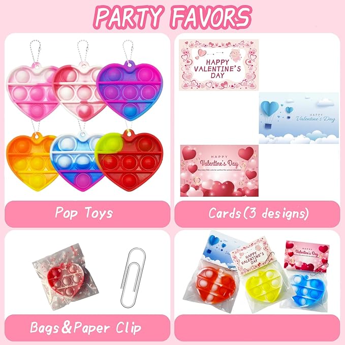 24 Packs Valentines Day Cards for Kids, Heart Pop Valentines Fidget Toys Bulk Stress Relief Fidget Toys for Kids Valentine's Party Favors School Classroom Exchange Gifts,Valentine's Day Gift