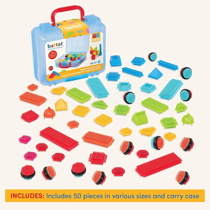Battat- Bristle Blocks- STEM Interlocking Building Blocks- 50 pc Playset- Reusable Carry Case - Developmental Toys for Toddlers & Kids- Basic Builder Case- 2 Years +