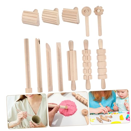 Garneck 12Pcs Clay Sculpting Tools Set Wooden Plasticine Molding Tools with Rolling Pins Stamps Modeling Accessories for Kids DIY Pottery and Handcrafts