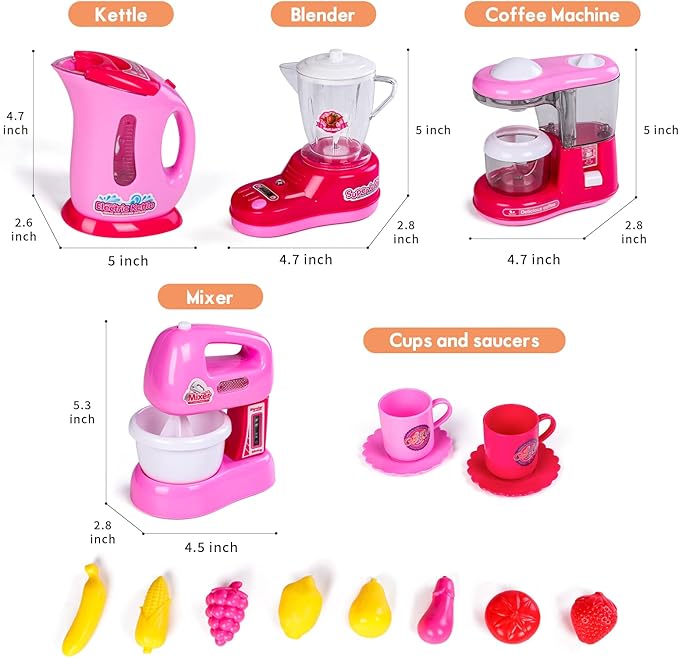 Kitchen Appliances Toy,Kids Kitchen Pretend Accessories Play Set,Coffee Maker Machine,Blender,Mixer and Kettle with Realistic Light and Sounds,Play Kitchen Set for Kids Boys Girls