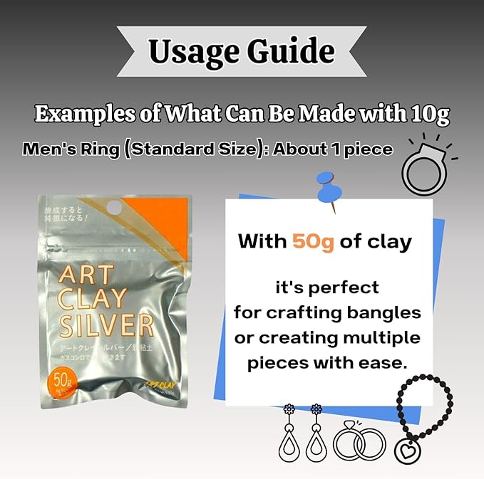 Art Clay Silver 50g, Syringe Type 10g (with 3 Tips) & Set of 3 Polishing Cloths A-0275,A-0281
