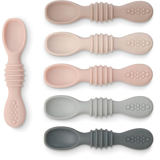 Simka Rose Silicone Baby Spoons Self Feeding 6 Months - First Stage Infant Spoons for Babies & Toddlers- Baby Led Weaning Spoons Set of 6- Easy on Gums Food Training Utensils Dishwasher Microwave Safe