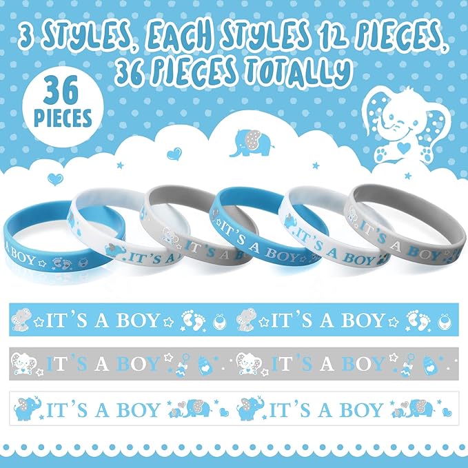 Zomiboo 36 Pieces Baby Shower Rubber Bracelets, It's a Boy It's a Girl Wristbands Elephant Baby Shower Decorations for Boy Girl Baby Shower Party Favor Gender Reveal Party Supplies (Boy Style)