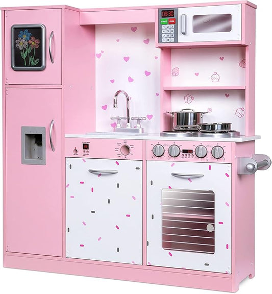 Lil' Jumbl Kids Kitchen Set, Pretend Wooden Play Kitchen, Battery Operated Icemaker & Microwave with Realistic Sound, Pots & Pan Included - Pink