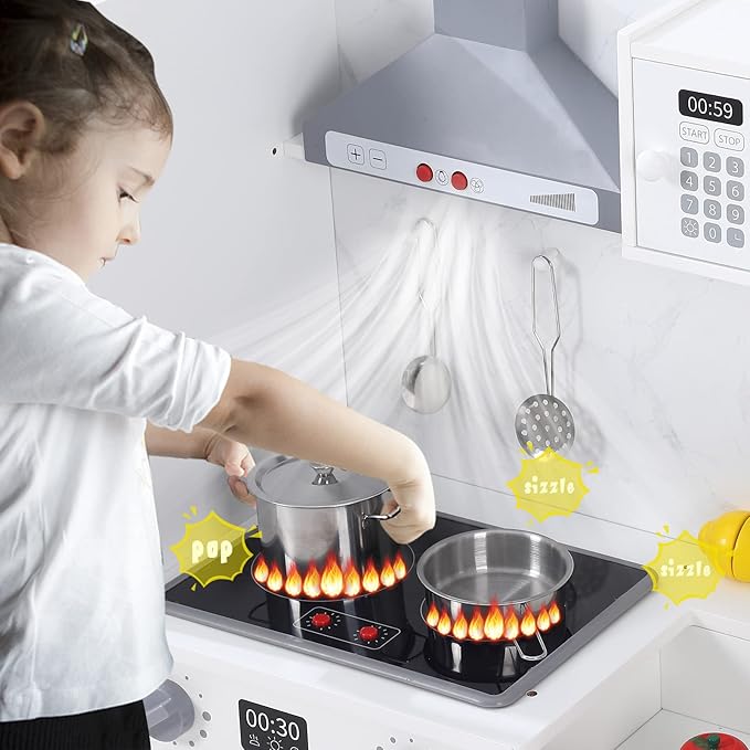 White Wooden Play Kitchen Set, Kitchen Playset with Cookware Accessories, Microwave, Oven, Sink, Real Lights & Sounds - Perfect for Chef Pretend Play