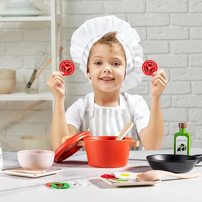 OMYBaby Wooden Play Kitchen Accessories Set for Toddlers, 25PCS Cooking Playset Food Toys with pots & Pans, Melissa and Doug Pretend Play Kitchen Toys Gift for Kids 3Y+