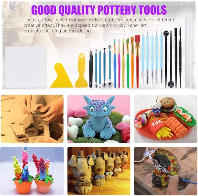 Swpeet 24Pcs Modeling Clay Sculpting Tools Kits, Painting Brush, Dual-Ended Design Pottery Tools, Ball Stylus Tool, Plastic Ball Rod Stylus Modeling Tools, Clay Roller, Clay Scarper for Modeling Clay