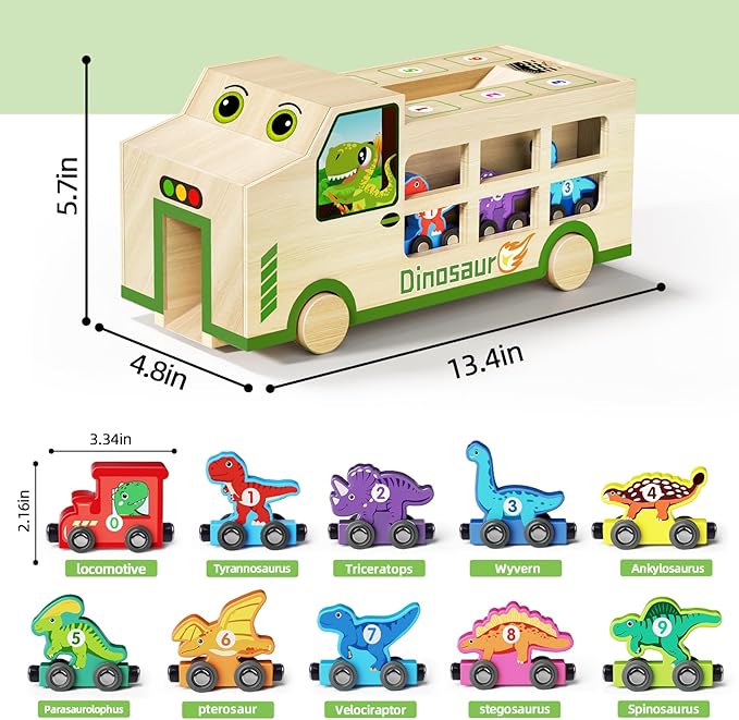 GJZZ Wooden Dinosaur Truck & 10 Magnetic Wooden Dinosaur Train Set | Montessori STEM Toys for Kids 2-5 Years | Toddler Learning Toys, Birthday Gifts for Boys and Girls