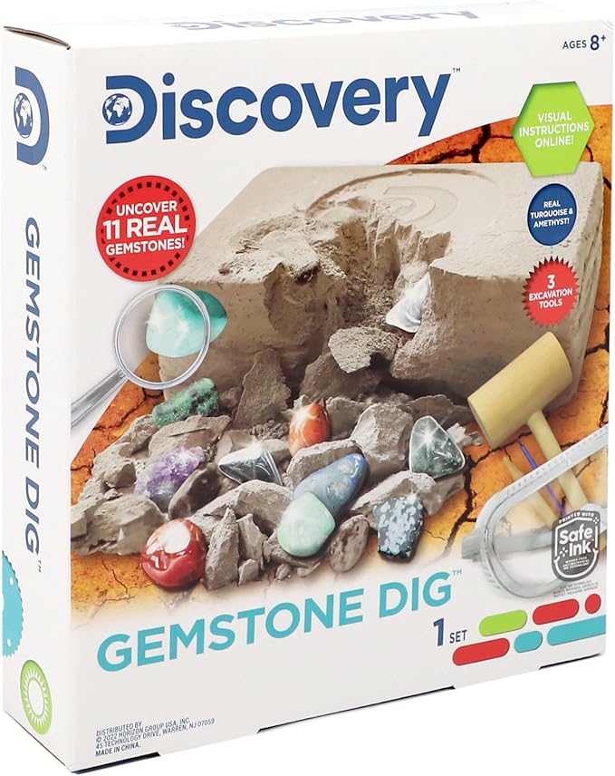 Discovery Kids Gemstone Dig Stem Science Kit by Horizon Group Usa, Excavate, Dig & Reveal 11 Real Gemstones, Includes Goggles, Excavation Tools, Streak Plate, Magnifying Glass & More