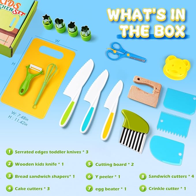 Montessori Kitchen Toys for Toddlers-Kids Cooking Sets Real-Toddler Toys Set for Real Cooking with Plastic Children Safe Knives Crinkle Cutter Kids Cutting Board-17PCS