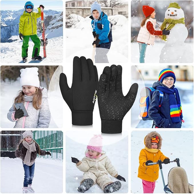 Kids Winter Warm Sports Gloves - Cold Weather Water-Resistant Children Mittens Age 4 12 Years Boys Girls Black