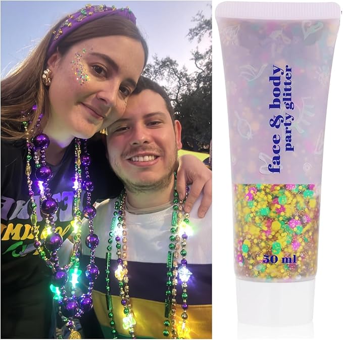 Go Ho Face Body Glitter Gel,Mardi Gras Outfit for Women and Kids,Sparkly Holographic Party Festival Rave Mardi Gras Accessories for Carnival,Gold Green Purple Chunky Glitter Makeup,52g