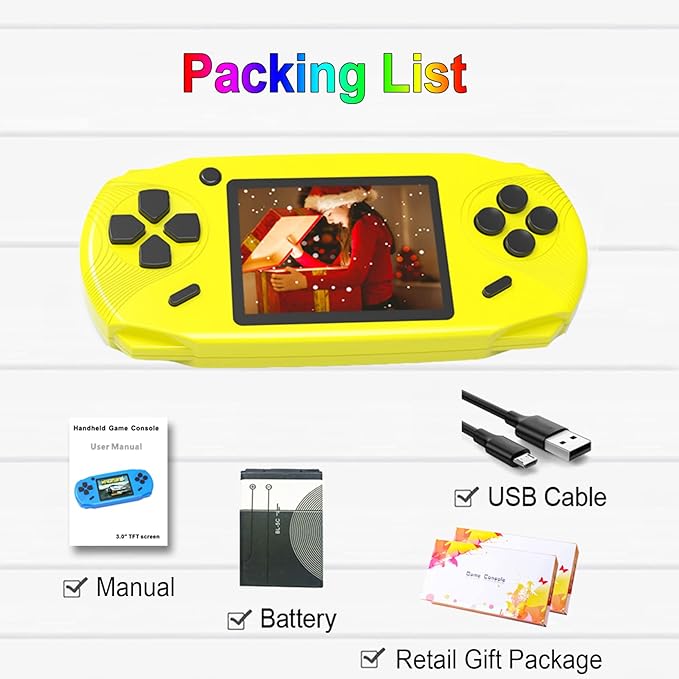 16 Bit Handheld Games for Kids Adults 3.0'' Large Screen Preloaded 100 HD Classic Retro Video Games USB Rechargeable Seniors Electronic Game Player Birthday Xmas Present (Yellow)