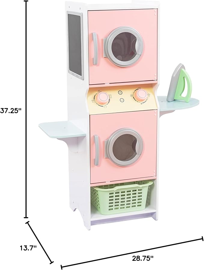 KidKraft Laundry Playset Children's Pretend Wooden Stacking Washer and Dryer Toy with Iron and Basket, Pastel, Gift for Ages 3+