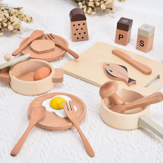 Atoylink Play Kitchen Accessories Wooden Toys Pots and Pans for Kids 23Pcs Montessori Kitchen Pretend Play Food Cooking Set for Toddler Boys Girls Age 2 3 4 5 Birthday Gifts