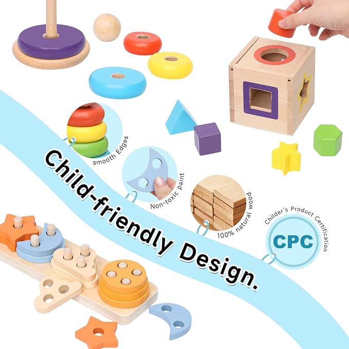 4-in-1 Wooden Montessori Toys for 1+ Year Old - Educational Sensory Toys for Toddlers Aged 1-3 - Baby Learning Toys for Boys and Girls, Christmas Birthday Gifts