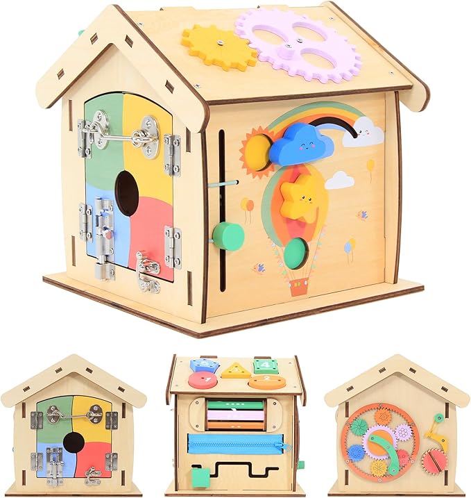 Wooden Busy Board for Toddlers Montessori Toy for Fine Motor Training and Life Skills Development-14-in-1 Toddler Activity Board Sensory Toys-Perfect Montessori Toys for over 3 years old kids