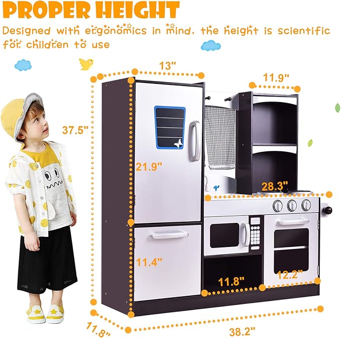 Costzon Kids Kitchen Playset, Wooden Toddler Kitchen Toy Set with Realistic Sound, Microwave, Oven, Refrigerator, Chalkboard & Towel Rack, Pretend Play Kitchen, Gift for Boys Girls (Coffee)