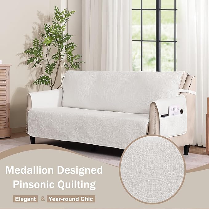 White Loveseat Couch Cover 2 Cushion Sofa, Water-Repellent Sofa Slipcover for Loveseat, Machine Washable Love Seat Quilted Couch Covers, Pet Friendly Loveseat Slipcovers (Loveseat 56", White)