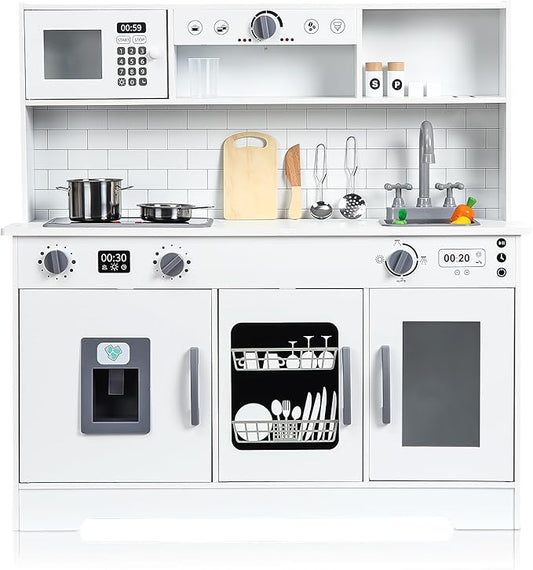 Wooden Play Kitchen Set, Kitchen Playset with Cookware Accessories, Microwave, Oven, Sink, Real Lights & Sounds - Perfect for Chef Pretend Play