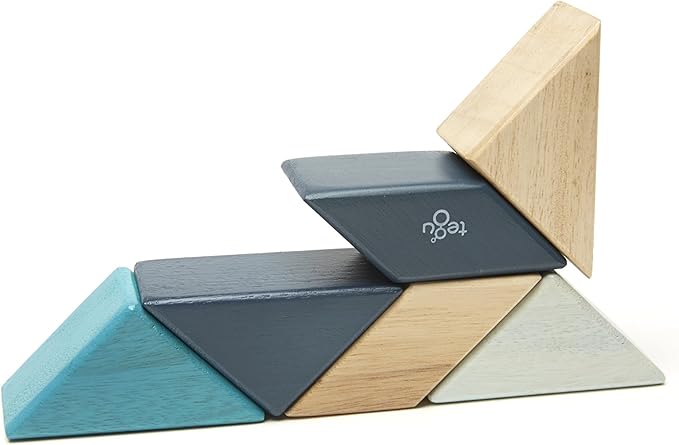 6 Piece Tegu Pocket Pouch Prism Magnetic Wooden Block Set, Blues