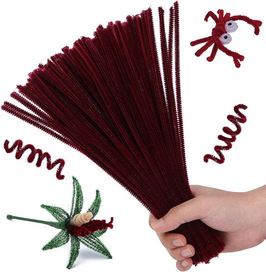 Pipe Cleaners, 100PCS Christmas Pipe Cleaners Craft Supplies, Wine Red Pipe Cleaners Bulk Fuzzy Sticks for DIY Art and Craft Projects Home Decoration
