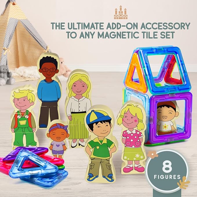 VEBO 22pc Wooden Magnetic Figures Set of 8 (16 Double Sided Characters) Mix & Match Family Set - Compatible with All Magnetic Tiles Sets - Educational STEM Building Toy Pretend Playset for Ages 3+