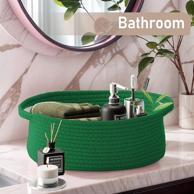 JMvicyroam Woven Basket,Small Rope Storage Bin with Handles & Ribbon Bag, Organizer for Shelves Closets,Gift Basket Empty for Birthday,Books,Dog Toys, Green/3 Pack