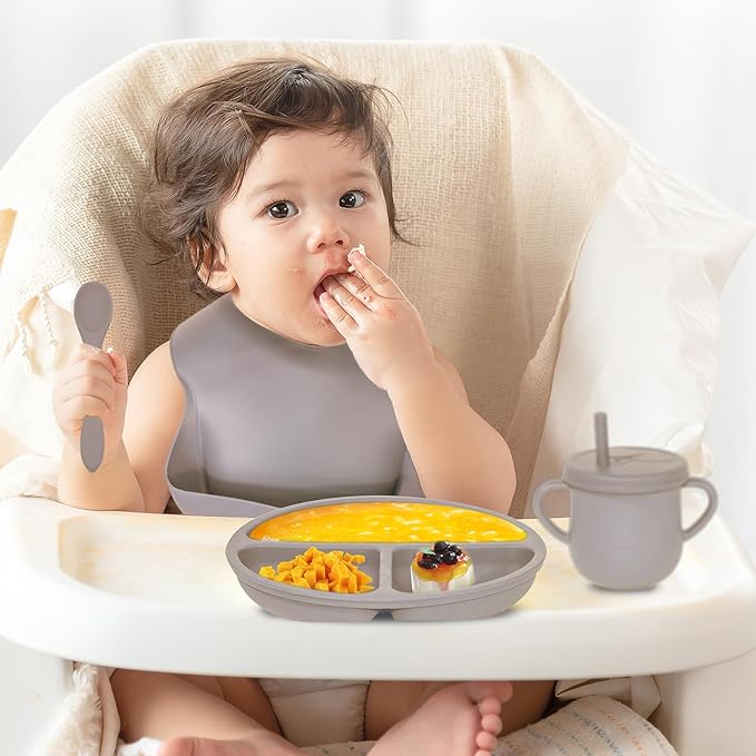 100% Silicone baby feeding set,BPA free Baby dishes set with Suction Bowl Divided Plate,Toddler Self Feeding Dish Set with Spoons Forks Sippy Cup And Bib, Baby Eating Utensils (Beige)