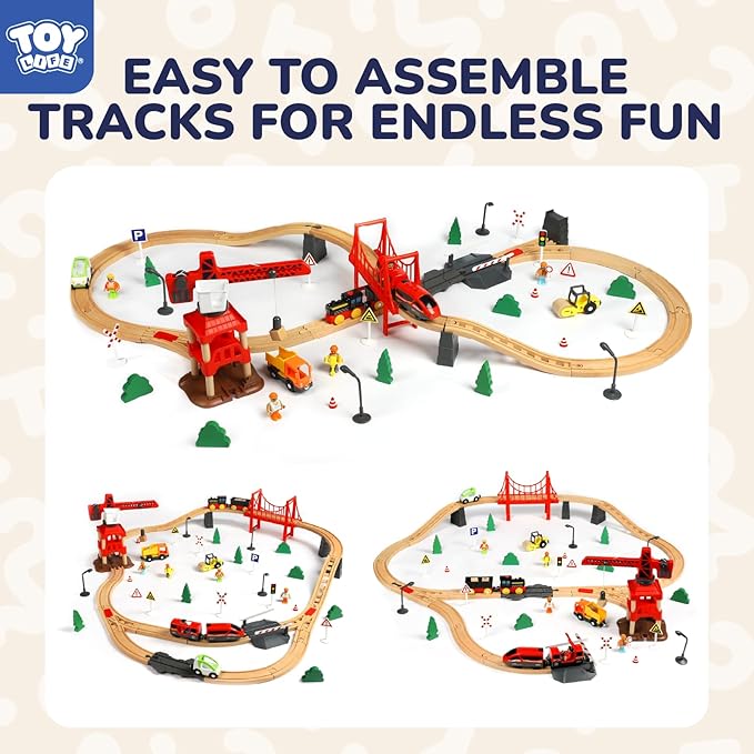 TOY Life Train Set 80pcs Train Toys with Crane & Locomotive Train, Train Set for Kids 4-8, Wooden Train Tracks Toy Train Set for Toddlers 3 4 5, Kids Train Set Gift Toy Fits Thomas, Brio Tracks