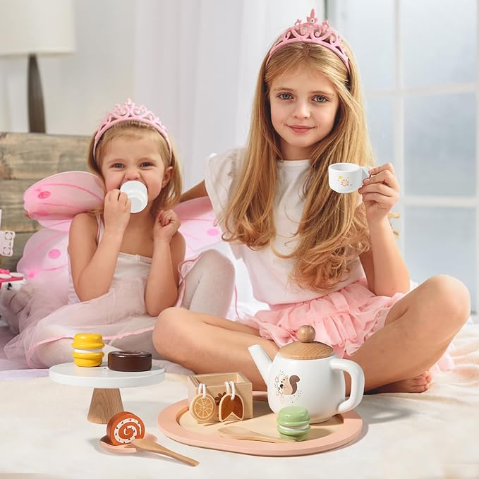 OMYBaby Wooden Tea Set for Little Girls, 19pcs Tea Party Playset with Teapot, Tea Cups, Dessert Stand, Macaroons, Cakes & Tray, Tea Time Playset Pretend Play Kitchen Toys Gift for Girls & Toddlers 3Y+
