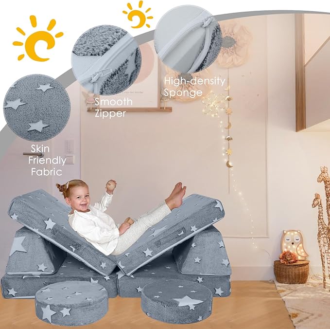 MeMoreCool Modular Glow Star Sofa for Kids, 8-Piece Convertible Foam Couch Play Set for Toddlers, Playroom, and Children