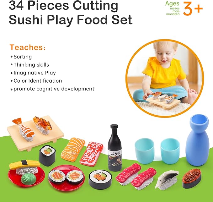 Sushi Slicing Play Food Set, 34Pcs, 3+ Ages LED Light with Color Changing Pretend Food Toys Accessories with Velcro for Kids, Play Kitchen for Toddlers, Learning Gift for Girls Boys