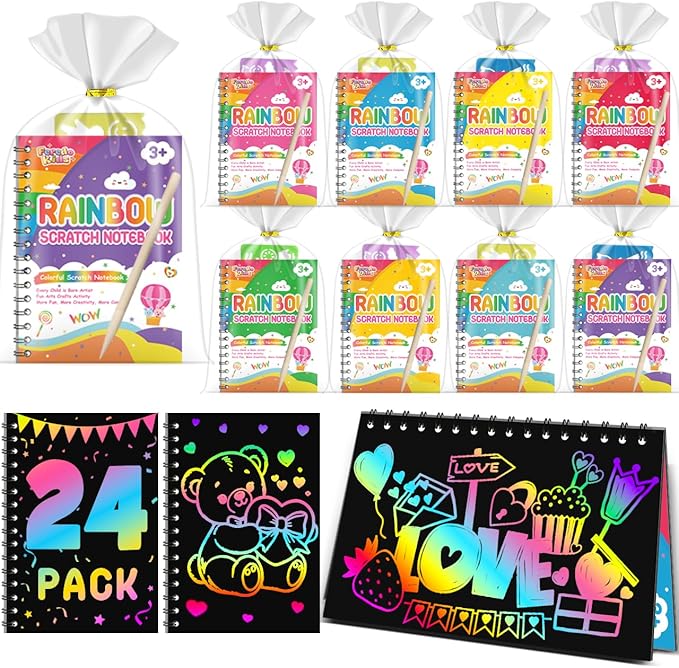 Scratch Art Party Favors for Kids: 24 Pack Rainbow Scratch Notebook Bulk Kids Craft School Supplies for Girls Boys 4-8 Years Old Kids Birthday Goodie Bags Christmas Gifts Classroom Prizes for Kids