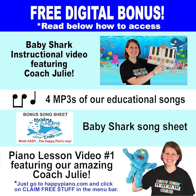 The HAPPY PIANO PRESCHOOLERS Book & Color-Coded Stickers KIT. SO EASY-to-FOLLOW. Kids Toddlers AGES 3-5. Beginner music book, BABY SHARK lesson video, FREE digital bonus, 20K taught since 2006!