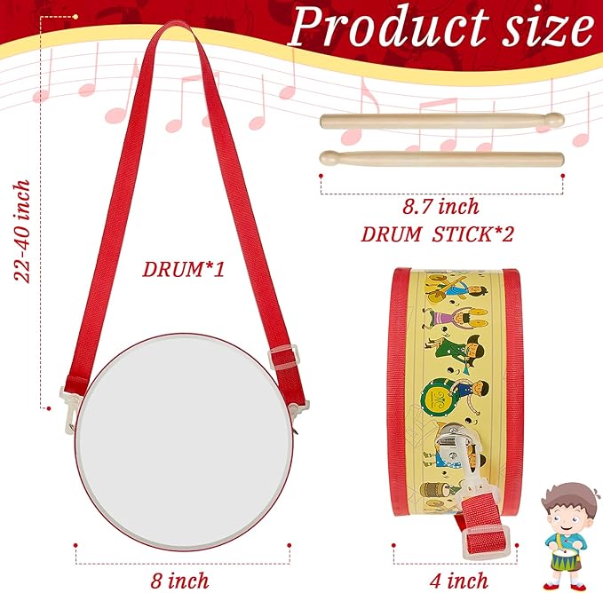 Kids Drum Set 7.87 in Wooden Toy Drum with Adjustable Strap 2 Drumsticks Educational Sensory Musical Instrument Set for Toddlers Kids Baby Toy Gift(Kids Style)