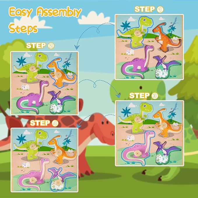 Wooden Toddler Puzzles, Funsland Peg Puzzles Gifts Toys, 4 Pcs Eco Friendly Animal Patterns Jigsaw with Handles, Infant Kid Fine Motor Skill Learning Educational Montessori Puzzles for 1 2 3 Years Old
