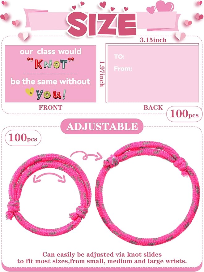 100 Pieces Valentine Knot Bracelets with Card Neon Rope Woven Friendship Bracelets for Kids Adjustable Rope Bracelets Bulk for Girls Boys Classroom Valentine Exchange Gifts Party Favors, 10 Colors