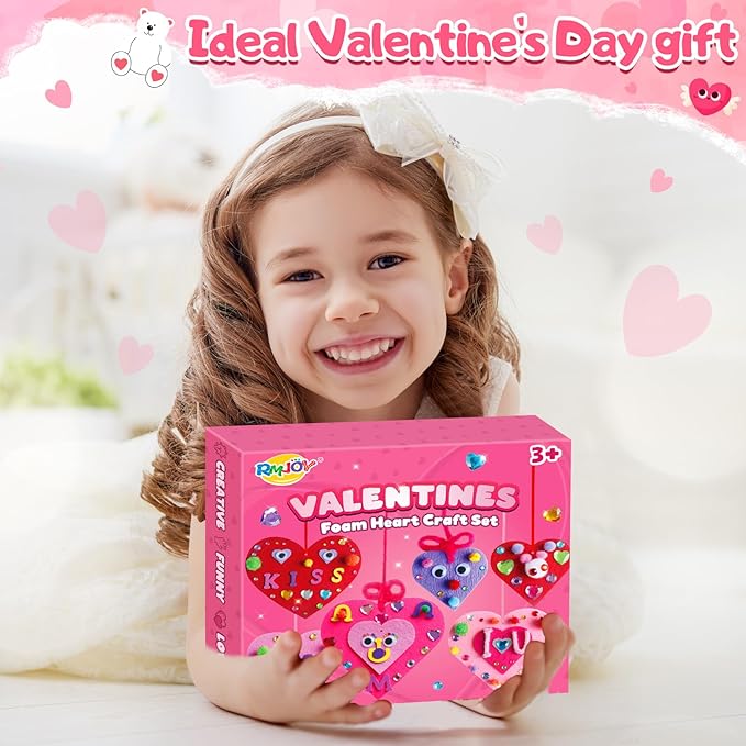 RMJOY Valentines Day Craft Gift Set: DIY Colorful Foam Heart Art Craft Ornament Toy Kit with Pom-poms Googly Eyes Gem Sticker for Kid Classroom Home Activity Party Favor Wedding Birthday Decoration