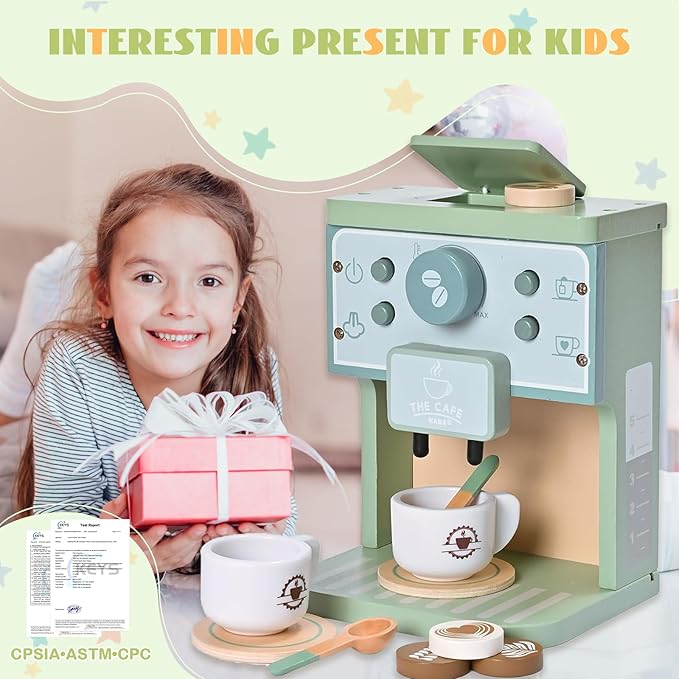 Kids Wooden Coffee Maker Toy Montessori Pretend Play Food Kitchen Accessories,Play Coffee Maker Set for Kids,Espresso Machine Playset Montessori Kitchen Toy for 3 4 5 Year Old Girls&Boys(14 Pcs)