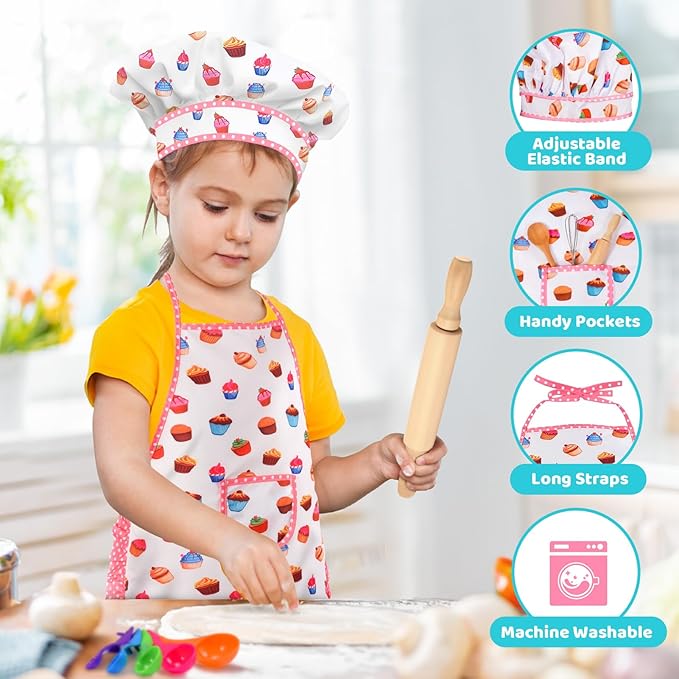 Toyze Birthday Gifts for 3-8 Year Old Girls Cute Stuff Apron for Girls Kids Cooking Sets Toddler Toys Kids Chef Hat and Apron Easter Christmas Stocking Stuffers White-with Cookbook