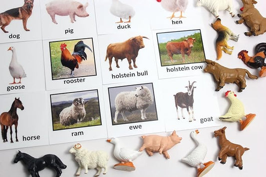 Montessori Animal Match - Miniature Farm Animal Toy Figurines with Matching Cards - 2 Part Cards. Montessori Learning Toy, Language Materials Busy Bag Activity