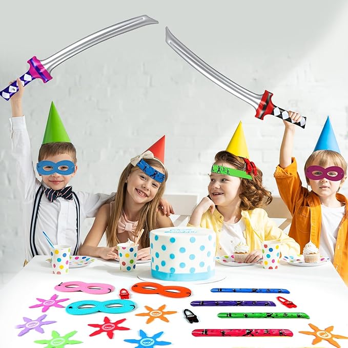 ZOIIWA 72Pcs Karate Party Favors Include Inflatable Sword Headbands Colorful Karate Party Decorations Karate Slap Bracelets Eye Mask Costume Accessories Gift Set for Kids Boys Girls Birthday Supplies