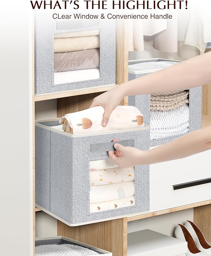 Homsorout Foldable Storage Cubes - Cubby Storage Organizer with Window, Decorative Baskets for Organizing, 11 Inch Fabric Cube Shelf Bins, Set of 10, Light Gray