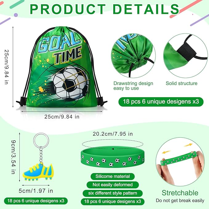 Sadnyy 140 Pcs Soccer Party Favors Birthday Party Decorations Supplies Drawstring Bags with Silicone Bracelets Keychains Straws Button Pins Stickers for Classroom Rewards Goodie Bags Stuffers