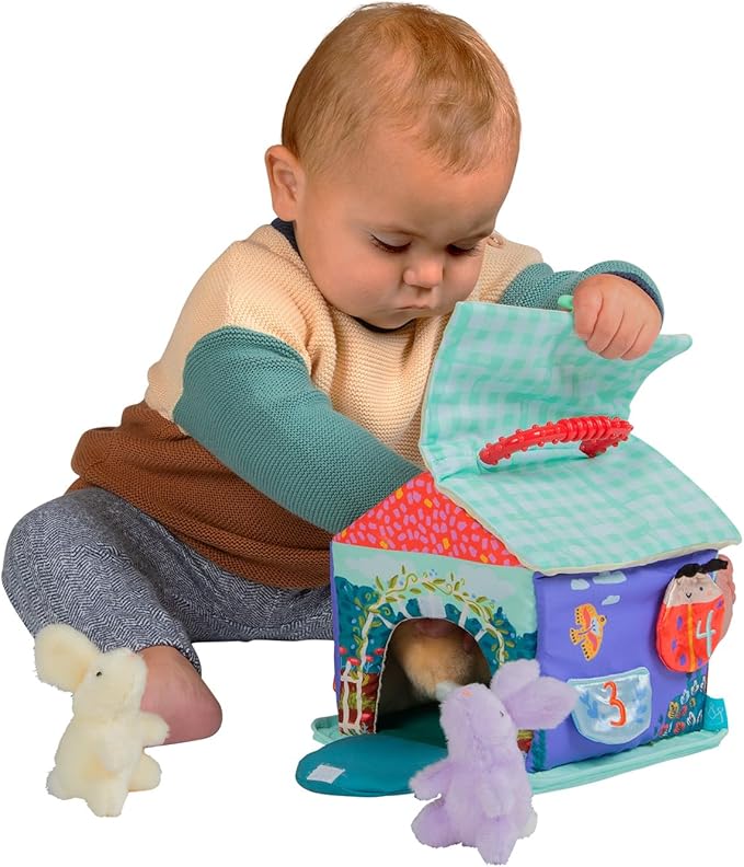 Manhattan Toy Cottontail Cottage Fill and Spill Baby and Toddler Sensory Activity Toy with 3 Stuffed Animal Bunny Rattles