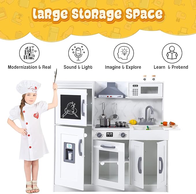 Wooden Play Kitchen with Cookware Accessories, Wooden Chef Pretend Play Set with, Wooden Cookware Pretend with Microwave, Oven, Sink, Real Lights & Sounds, White (201WA)