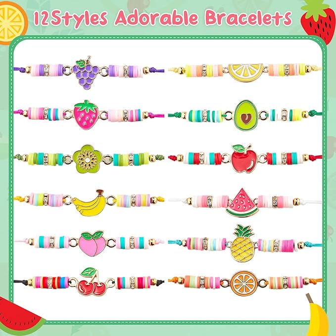 12 Pcs Kids Bracelet for Girls Toddler Jewelry Fruits Summer Princess Party Favors Friendship Bracelets Adjustable Pretend Play Luau Goodie Bag Classroom Reward