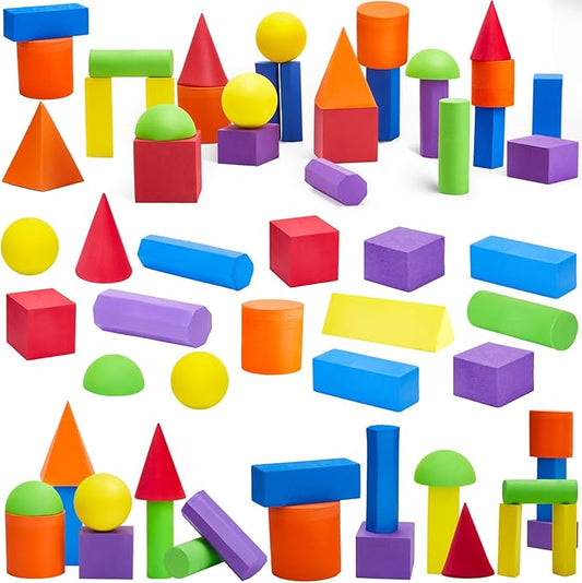 Wettarn 24 Pieces Large Size Foam Geometric Solid Blocks 3D Shapes Assorted Colors Foam Blocks for Teaching School, Family, Toddlers, Preschool Supplies, 12 Shapes