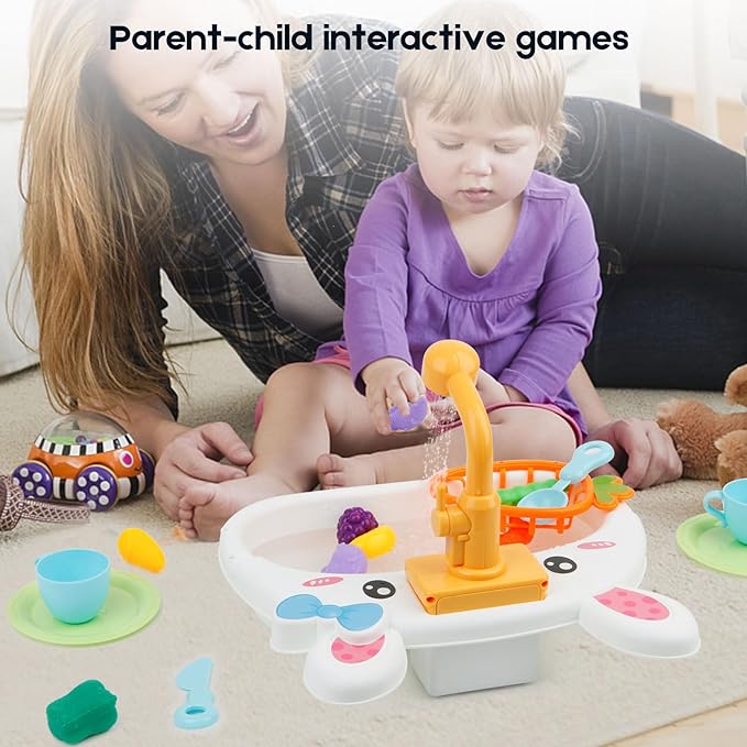 Ruibytree Play Kitchen Sink Toy, Water Toys for Kids with Electronic Dishwasher, Pretend Play Utensils Accessories and Play Cutting Food for Boys and Girls (Rabbit)